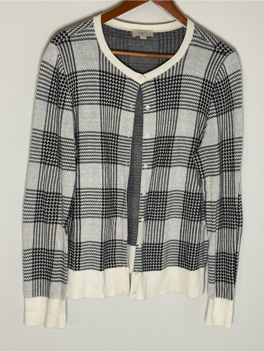 LOFT Black & White Plaid Button-Up Cardigan